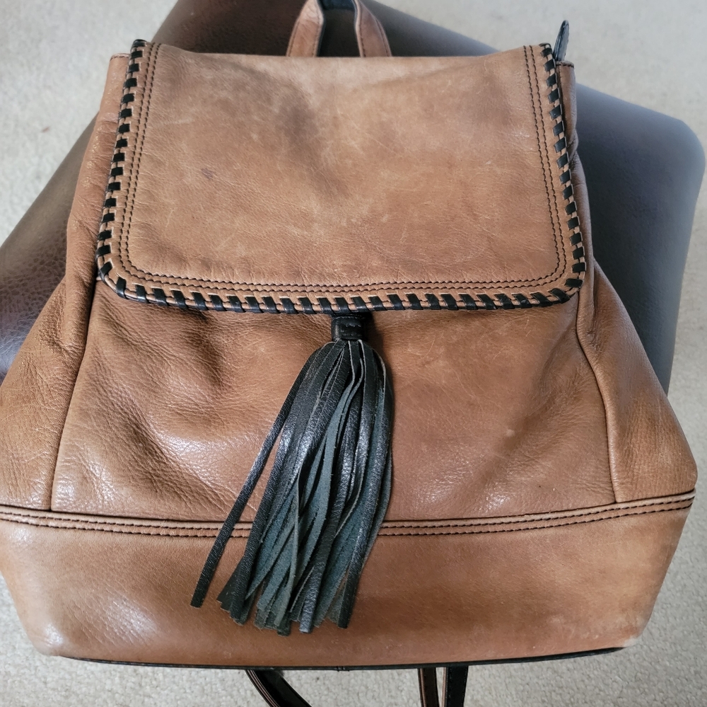 Brown Leather Backpack Purse with Tassel